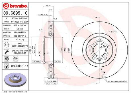 Product of Brembo 09C89511C02 Vented 1 Piece Brake Rotor 