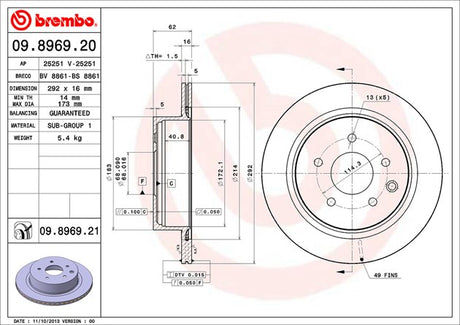 Product of Brembo 09896921C02 Vented 1 Piece Brake Rotor 