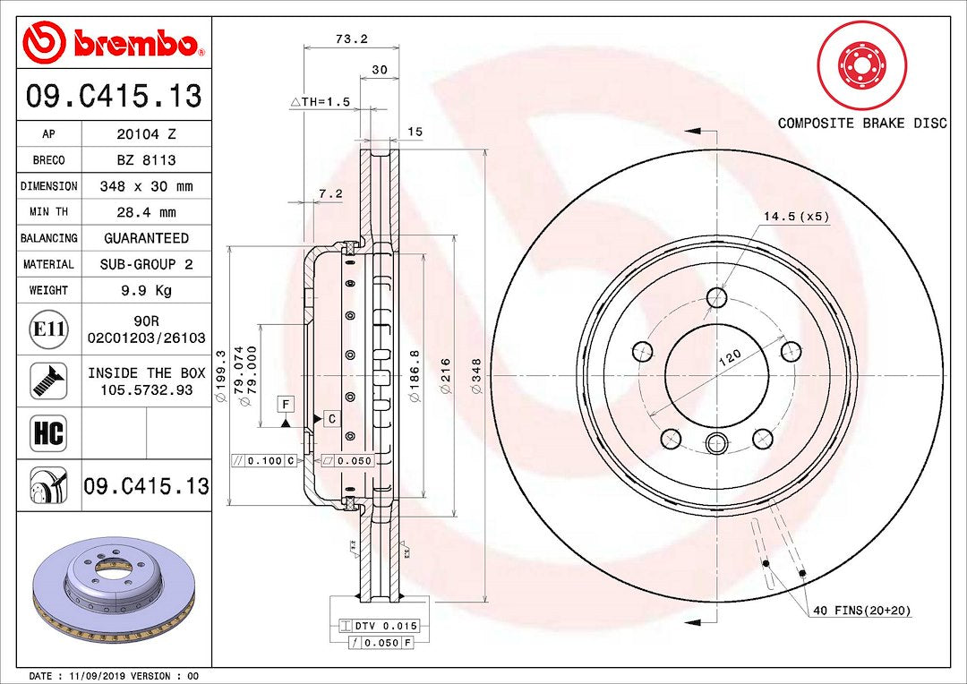 Product of Brembo 09C41513C02 Vented 1 Piece Brake Rotor 