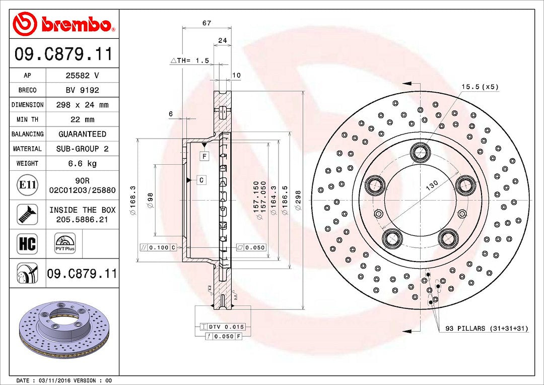 Product of Brembo 09C87911C02 Vented Cross Drilled 1 Piece Brake Rotor 