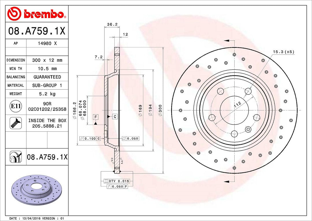 Product of Brembo 08A7591XC02 Xtra Solid Cross Drilled 1 Piece Brake Rotor 