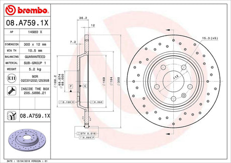 Product of Brembo 08A7591XC02 Xtra Solid Cross Drilled 1 Piece Brake Rotor 