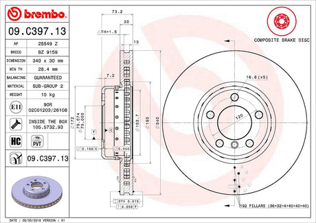 Product of Brembo 09C39713C02 Vented 1 Piece Brake Rotor 