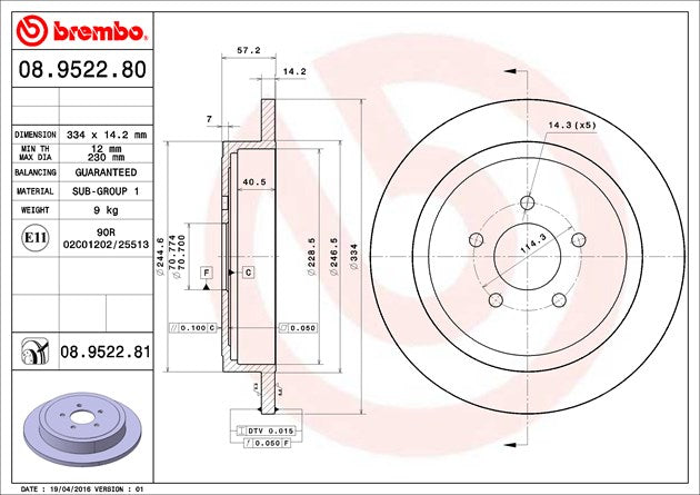 Product of Brembo 08952281C02 Solid 1 Piece Brake Rotor 