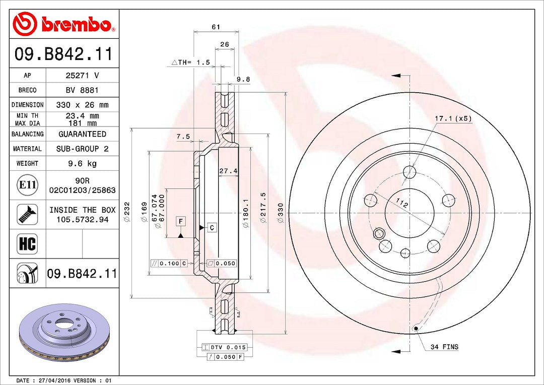 Product of Brembo 09B84211C02 Vented 1 Piece Brake Rotor 
