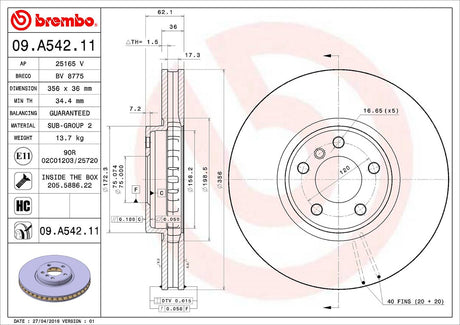 Product of Brembo 09A54211C02 Vented 1 Piece Brake Rotor 