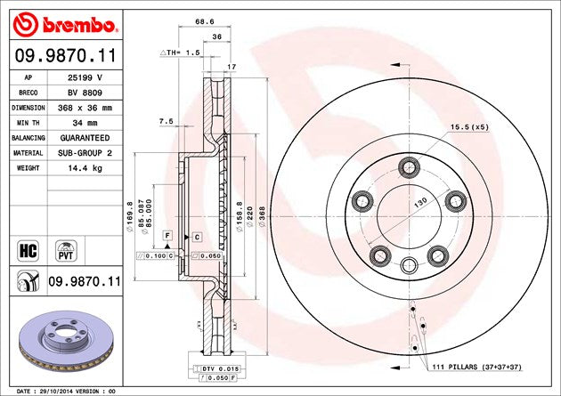 Product of Brembo 09987011C02 Vented 1 Piece Brake Rotor 