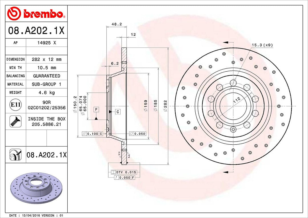 Product of Brembo 08A2021XC02 Xtra Solid Cross Drilled 1 Piece Brake Rotor 