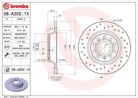 Product of Brembo 08A2021XC02 Xtra Solid Cross Drilled 1 Piece Brake Rotor 