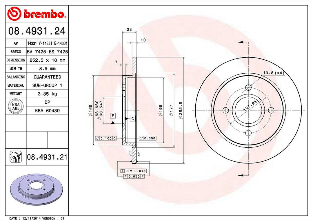 Product of Brembo 08493121C02 Solid 1 Piece Brake Rotor 