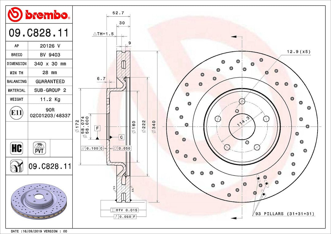 Product of Brembo 09C82811C02 Vented Cross Drilled 1 Piece Brake Rotor 