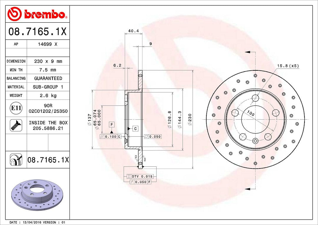 Product of Brembo 0871651XC02 Xtra Solid Cross Drilled 1 Piece Brake Rotor 