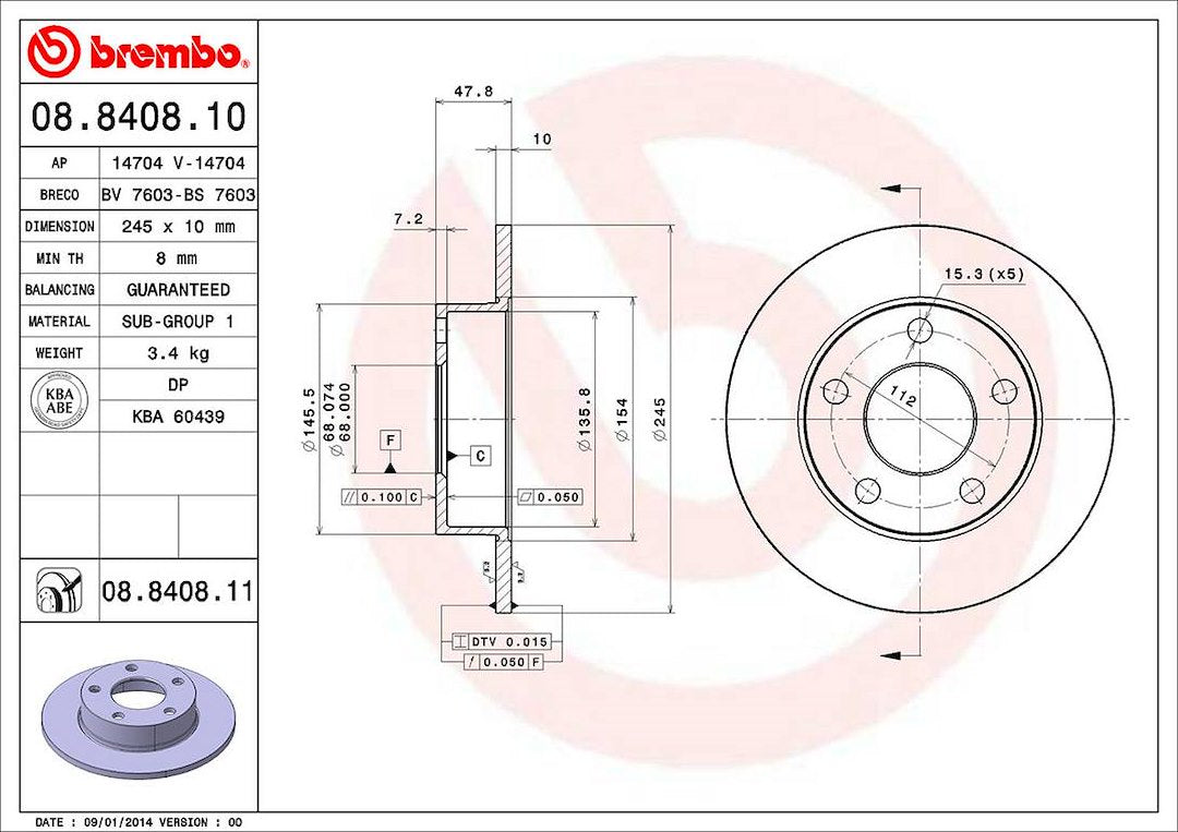 Product of Brembo 08840811C02 Solid 1 Piece Brake Rotor 