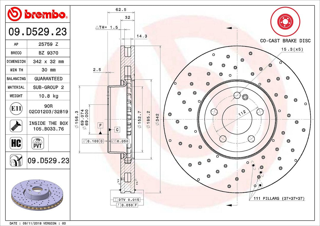 Product of Brembo 09D52923C02 Vented Cross Drilled 1 Piece Brake Rotor 