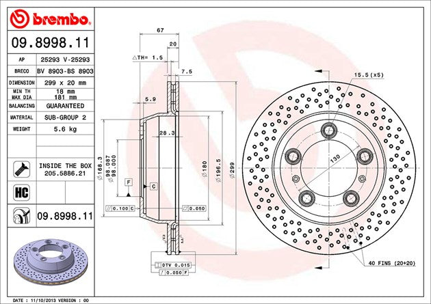 Product of Brembo 09899811C02 Vented Cross Drilled 1 Piece Brake Rotor 