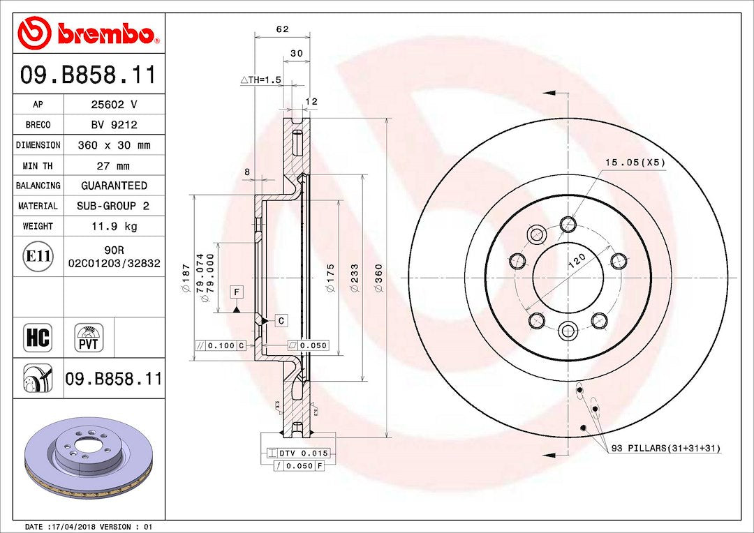 Product of Brembo 09B85811C02 Vented 1 Piece Brake Rotor 