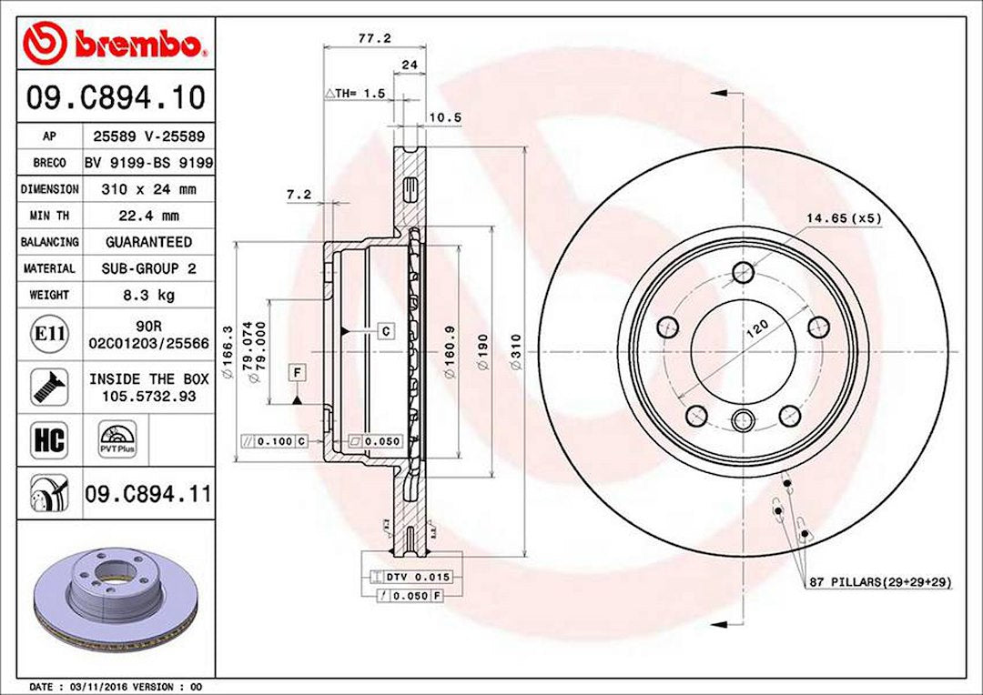 Product of Brembo 09C89411C02 Vented 1 Piece Brake Rotor 