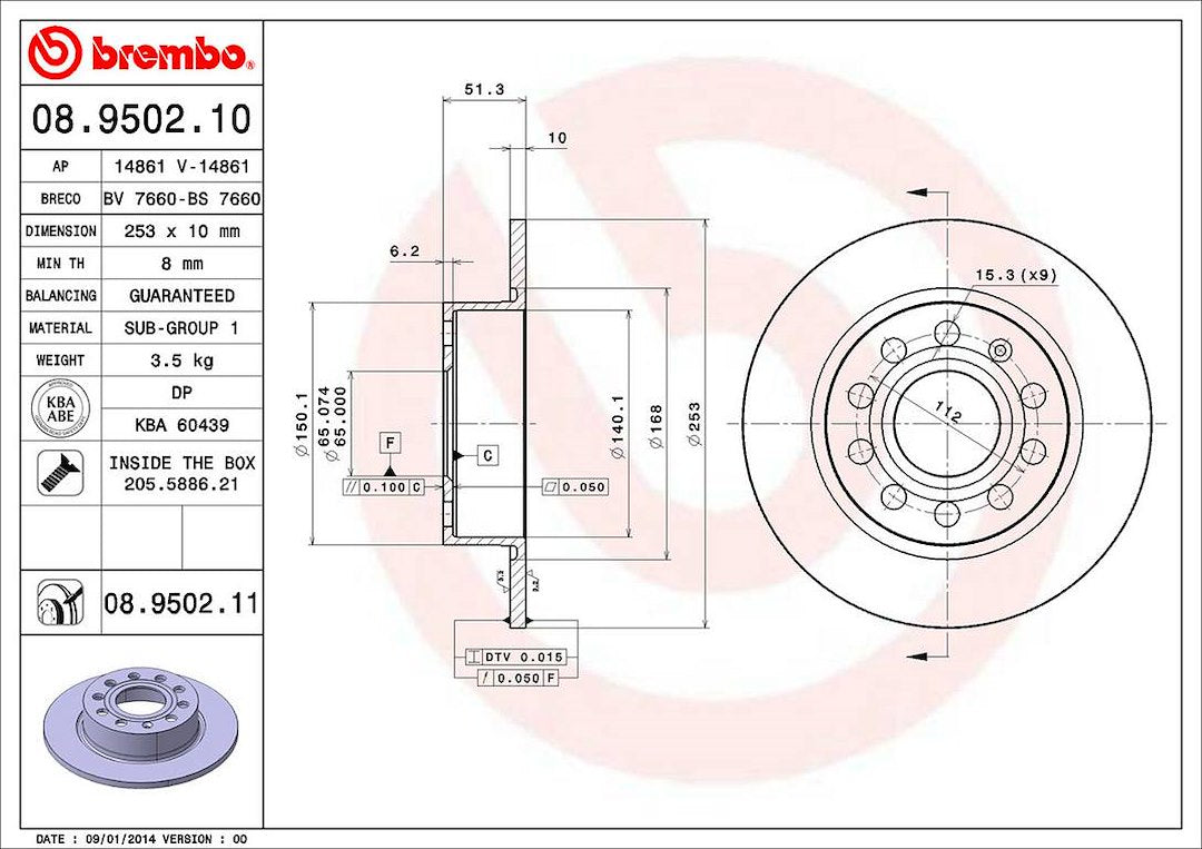 Product of Brembo 08950211C02 Solid 1 Piece Brake Rotor 