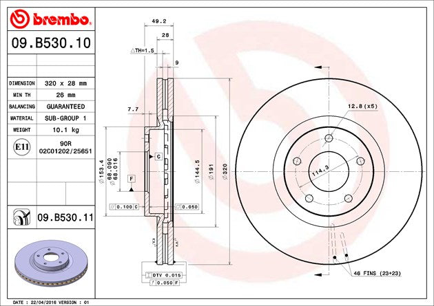 Product of Brembo 09B53011C02 Vented 1 Piece Brake Rotor 
