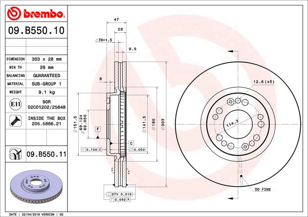 Product of Brembo 09B55011C02 Vented 1 Piece Brake Rotor 