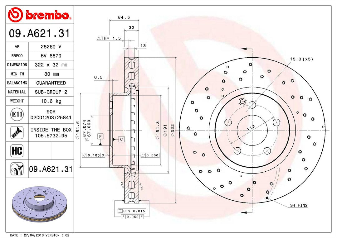 Product of Brembo 09A62131C02 Vented Cross Drilled 1 Piece Brake Rotor 