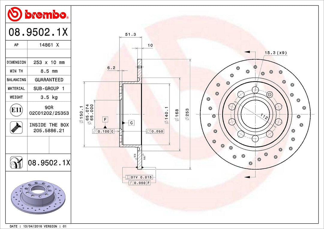 Product of Brembo 0895021XC02 Xtra Solid Cross Drilled 1 Piece Brake Rotor 