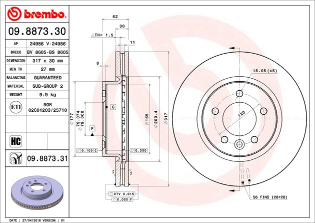 Product of Brembo 09887331C02 Vented 1 Piece Brake Rotor 
