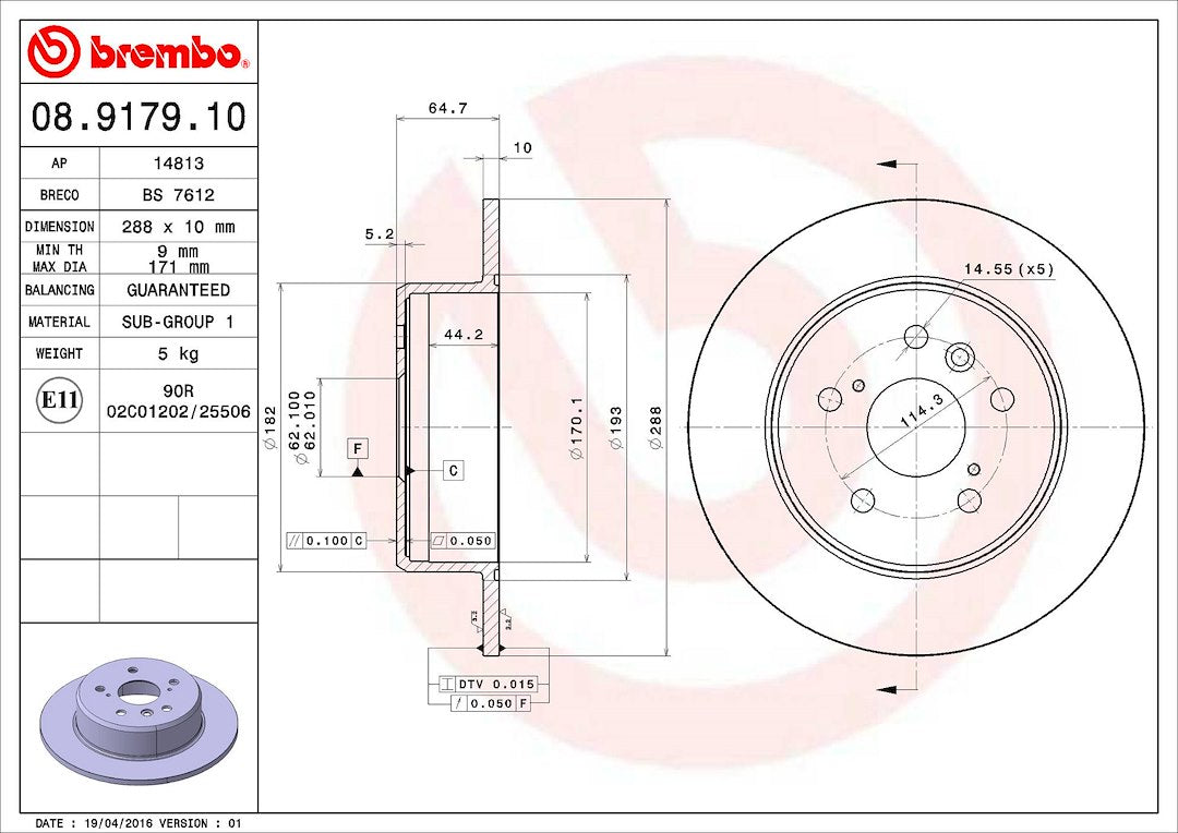 Product of Brembo 08917910C02 Solid 1 Piece Brake Rotor 