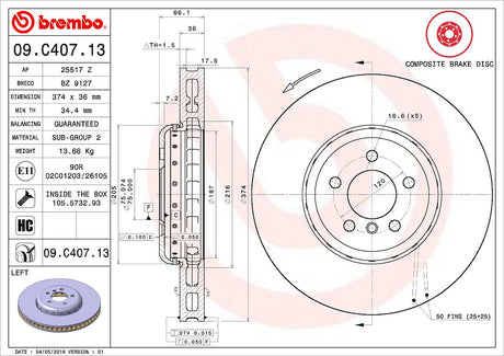 Product of Brembo 09C40713C02 Vented 1 Piece Brake Rotor 