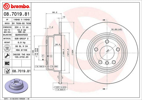 Product of Brembo 08701981C02 Solid 1 Piece Brake Rotor 