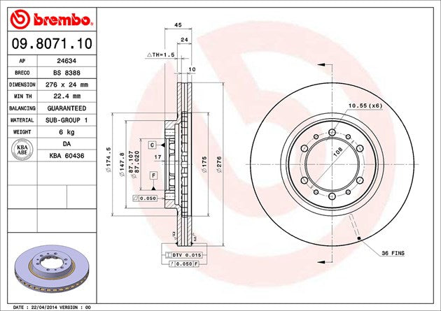 Product of Brembo 09807111C02 Vented 1 Piece Brake Rotor 
