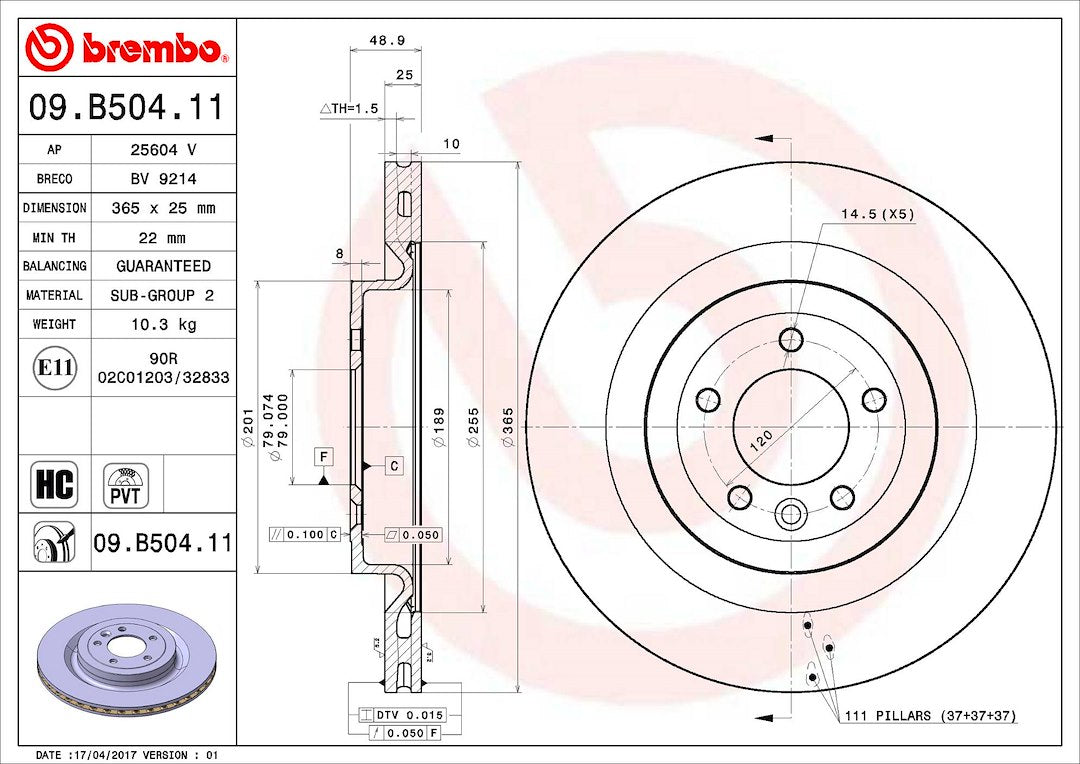 Product of Brembo 09B50411C02 Vented 1 Piece Brake Rotor 