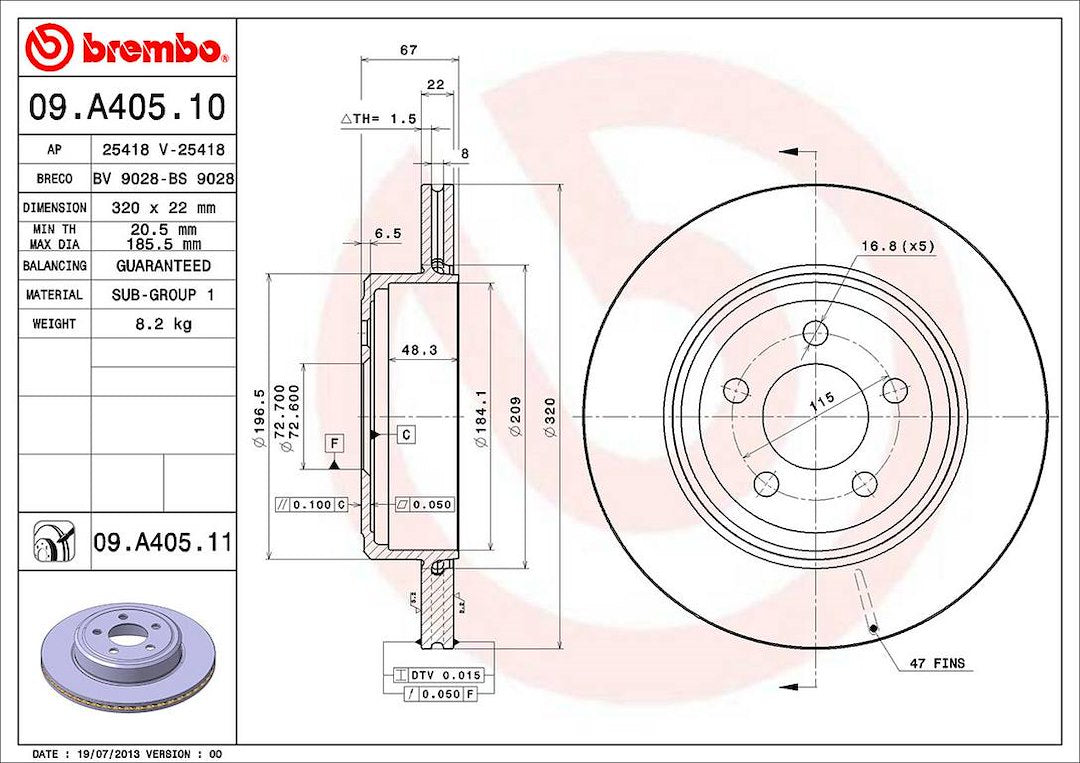 Product of Brembo 09A40511C02 Vented 1 Piece Brake Rotor 