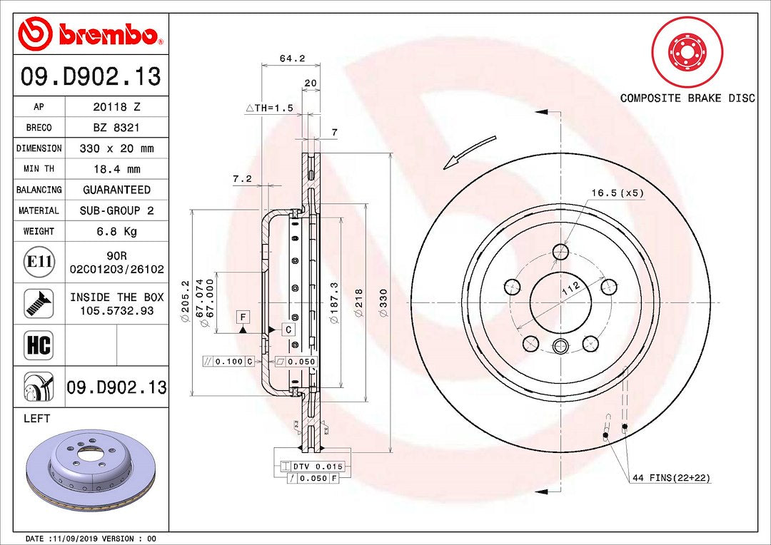 Product of Brembo 09D90213C02 Vented 1 Piece Brake Rotor 