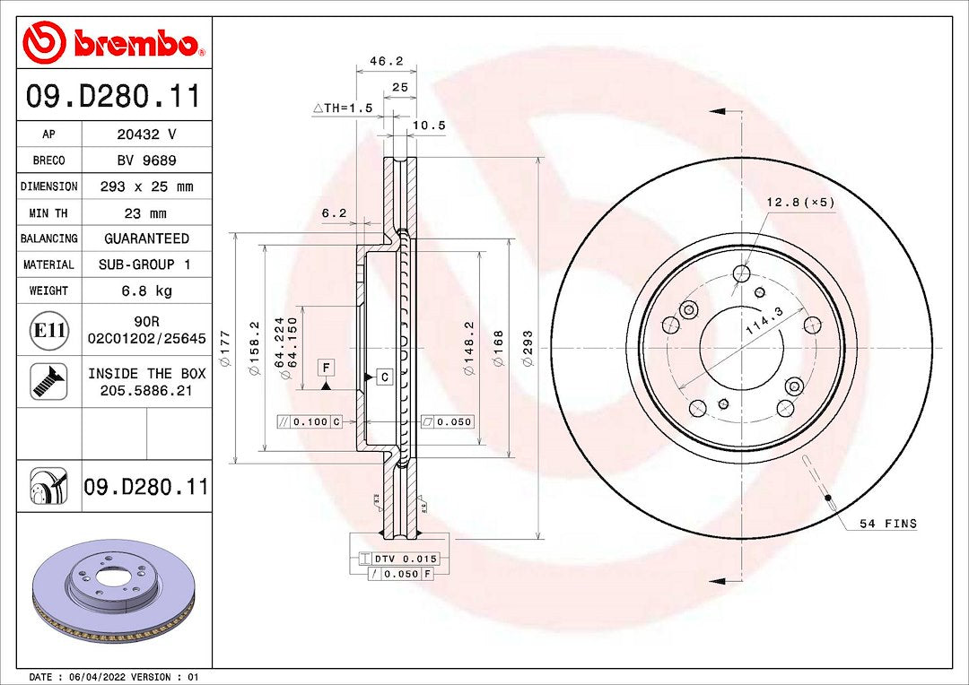 Product of Brembo 09D28011C02 Vented 1 Piece Brake Rotor 