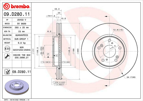 Product of Brembo 09D28011C02 Vented 1 Piece Brake Rotor 