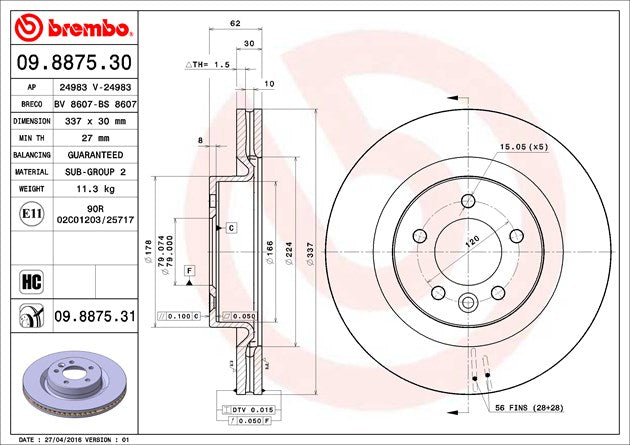 Product of Brembo 09887531C02 Vented 1 Piece Brake Rotor 