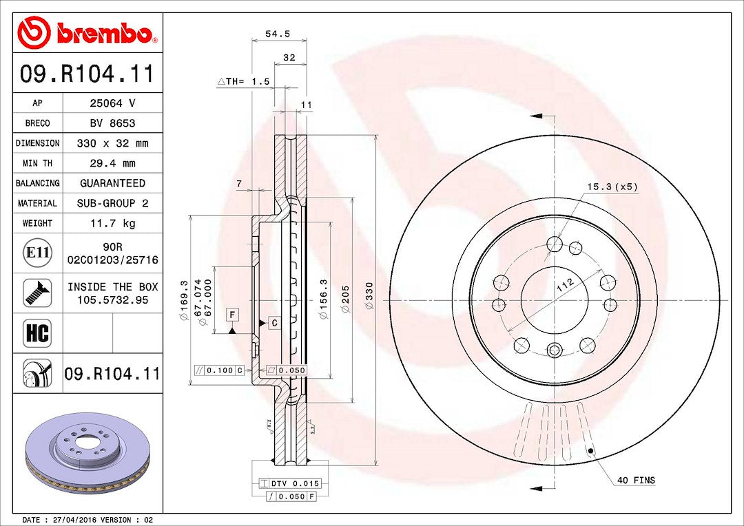 Product of Brembo 09R10411C02 Vented 1 Piece Brake Rotor 