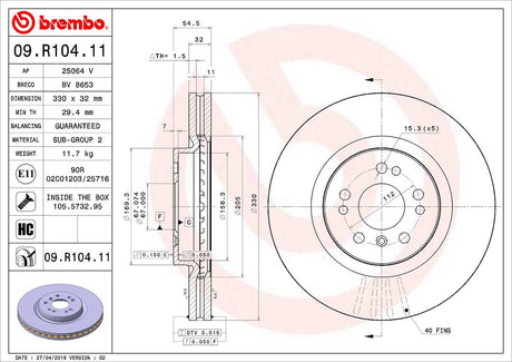 Product of Brembo 09R10411C02 Vented 1 Piece Brake Rotor 