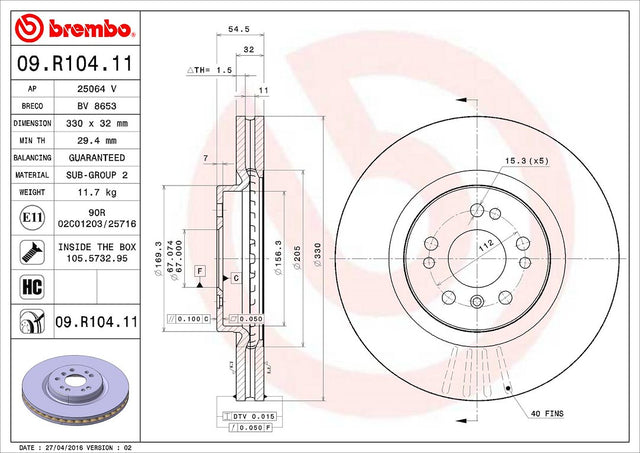 Product of Brembo 09R10411C02 Vented 1 Piece Brake Rotor 