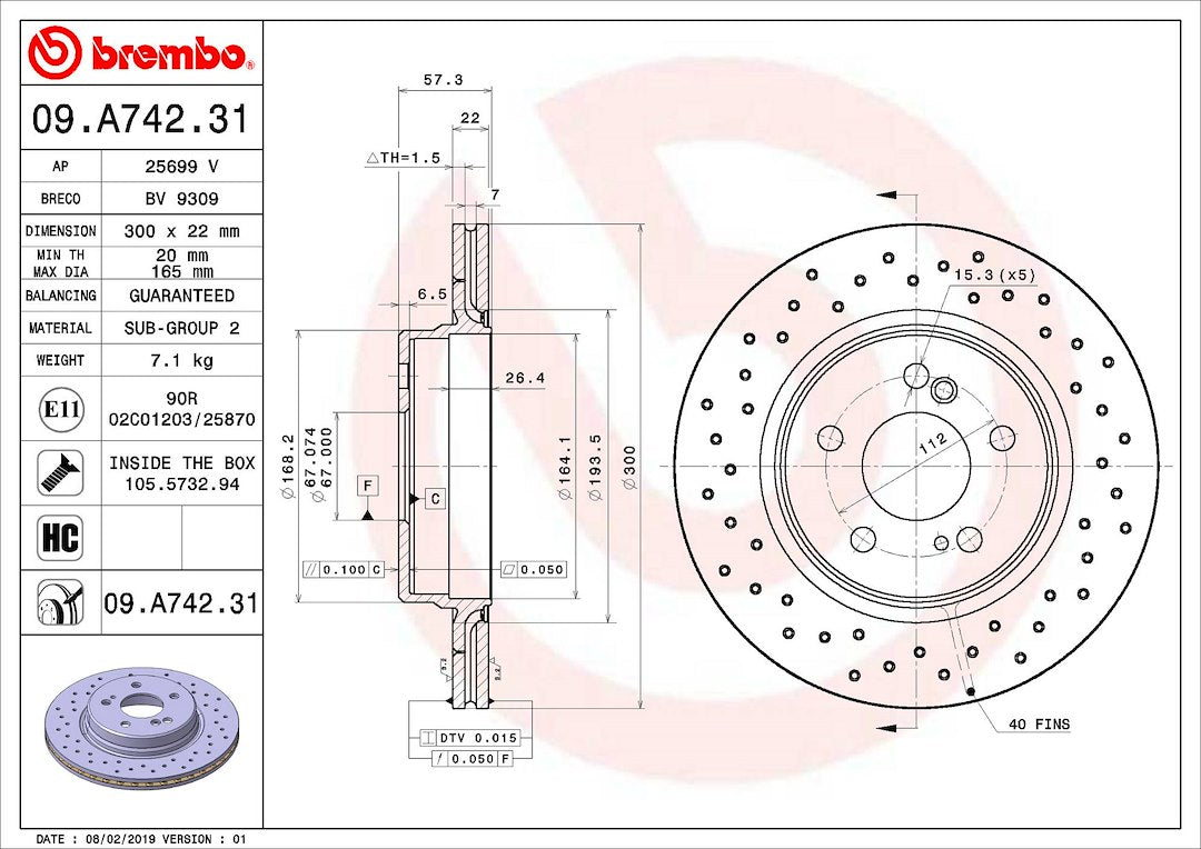 Product of Brembo 09A74231C02 Vented Cross Drilled 1 Piece Brake Rotor 