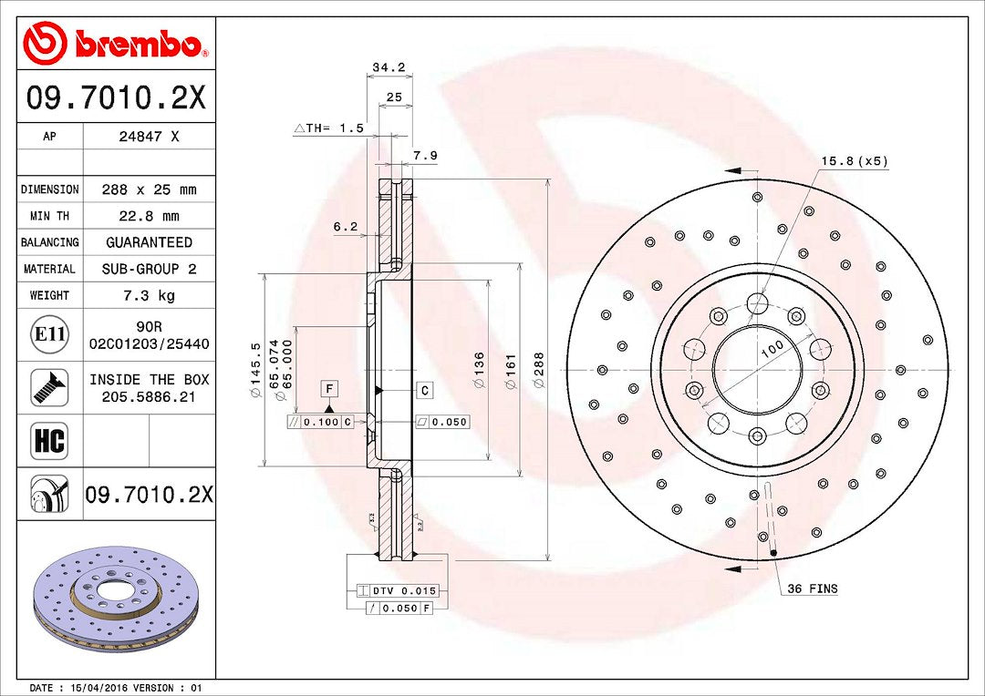 Product of Brembo 0970102XC02 Xtra Vented Cross Drilled 1 Piece Brake Rotor 
