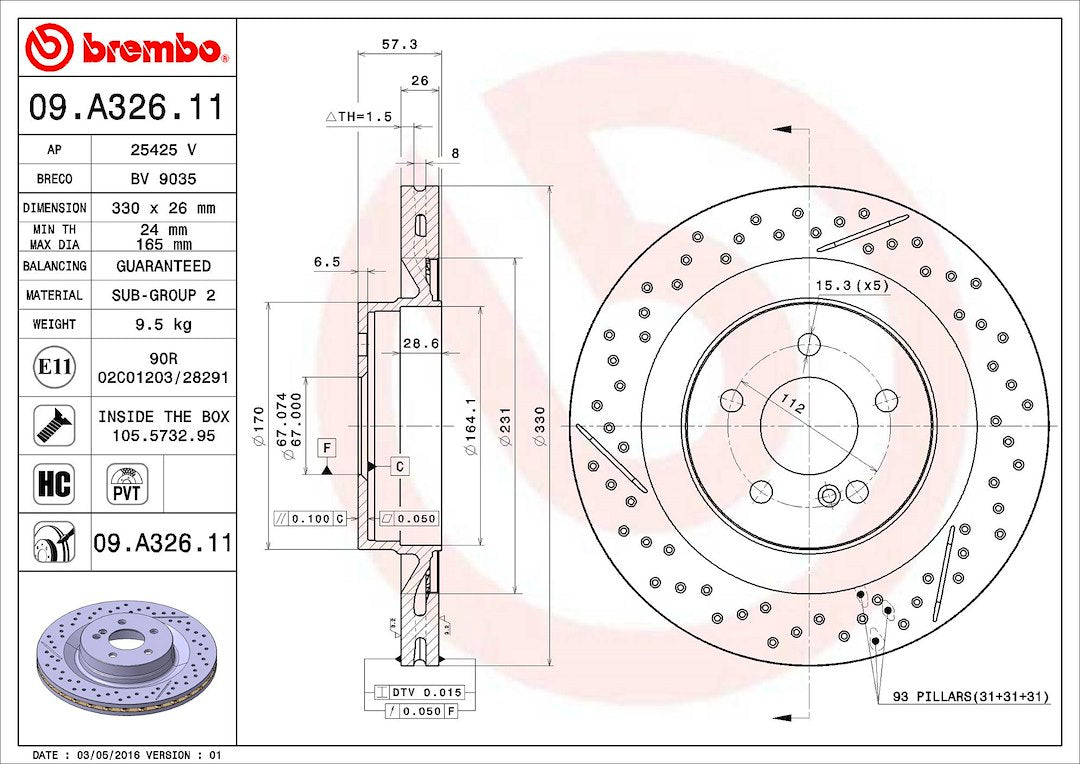 Product of Brembo 09A32611C02 Vented Cross Drilled 1 Piece Brake Rotor 