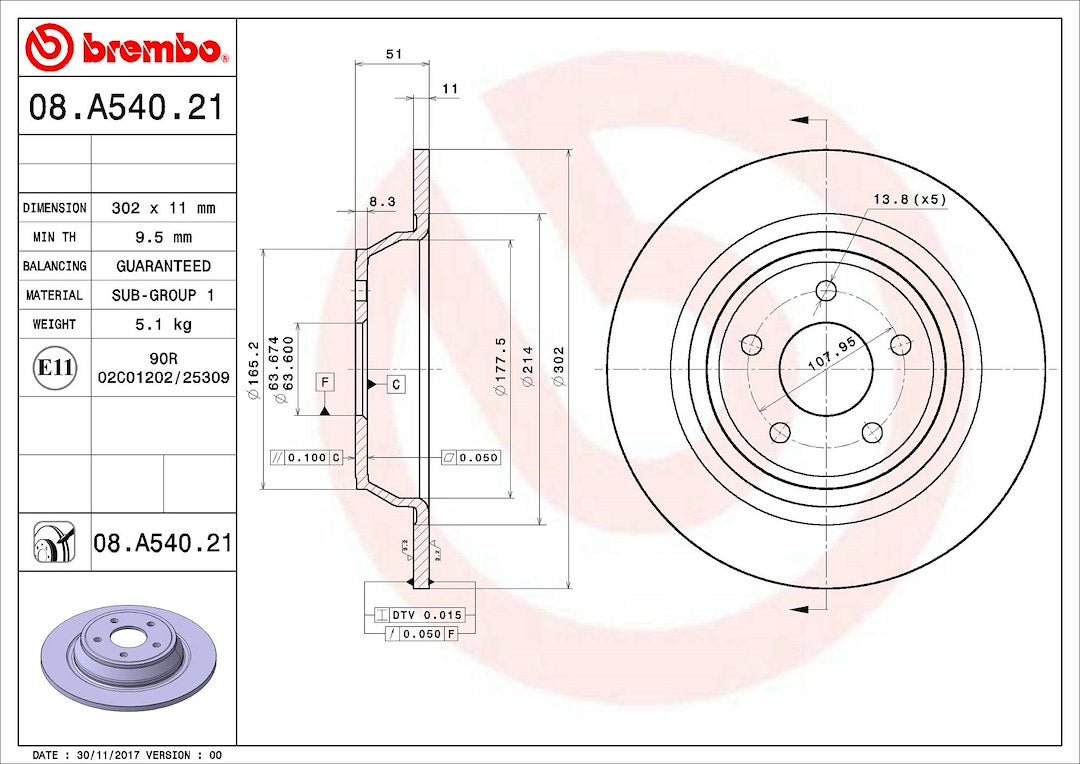 Product of Brembo 08A54021C02 Solid 1 Piece Brake Rotor 