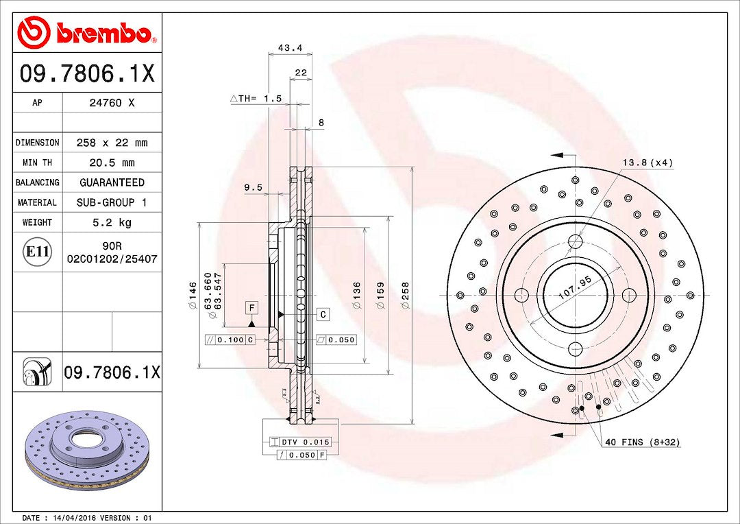 Product of Brembo 0978061XC02 Xtra Vented Cross Drilled 1 Piece Brake Rotor 