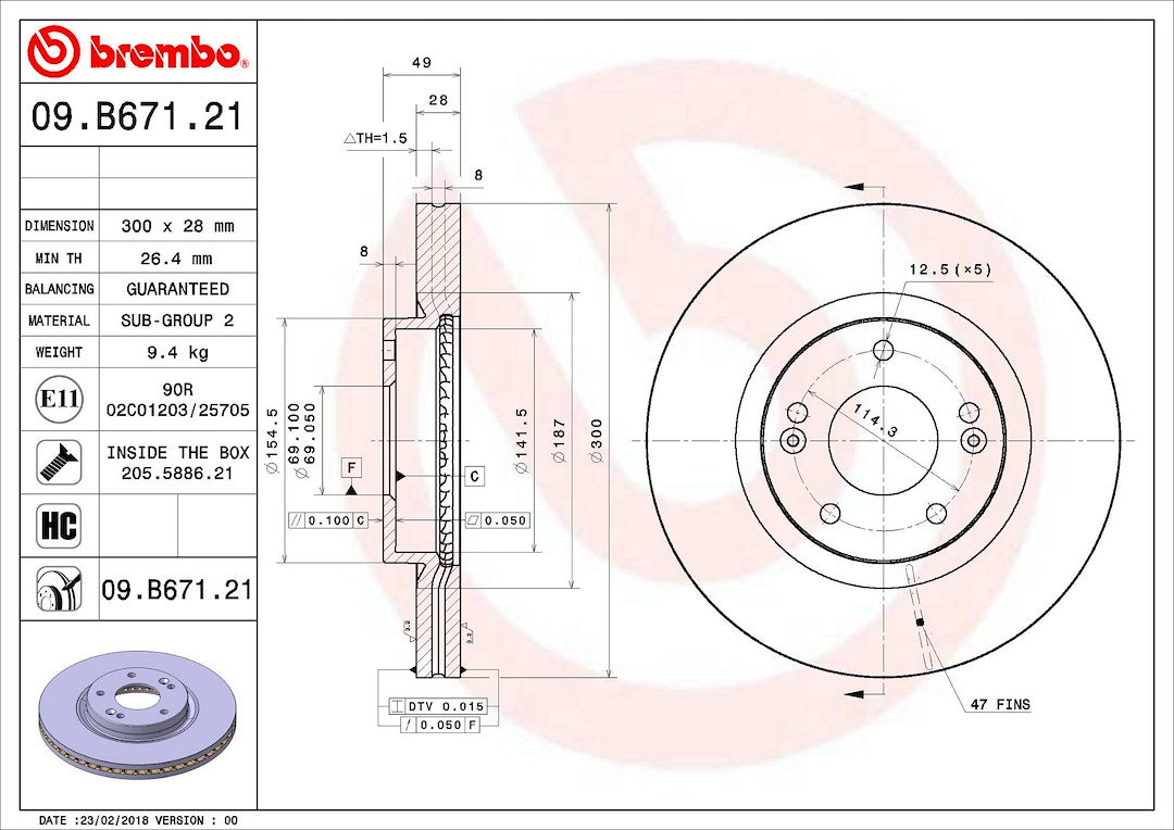 Product of Brembo 09B67121C02 Vented 1 Piece Brake Rotor 
