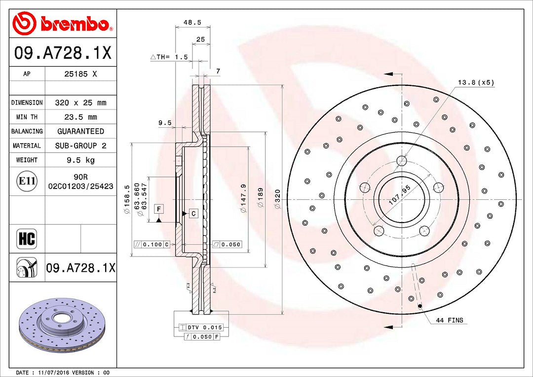 Product of Brembo 09A7281XC02 Xtra Vented Cross Drilled 1 Piece Brake Rotor 