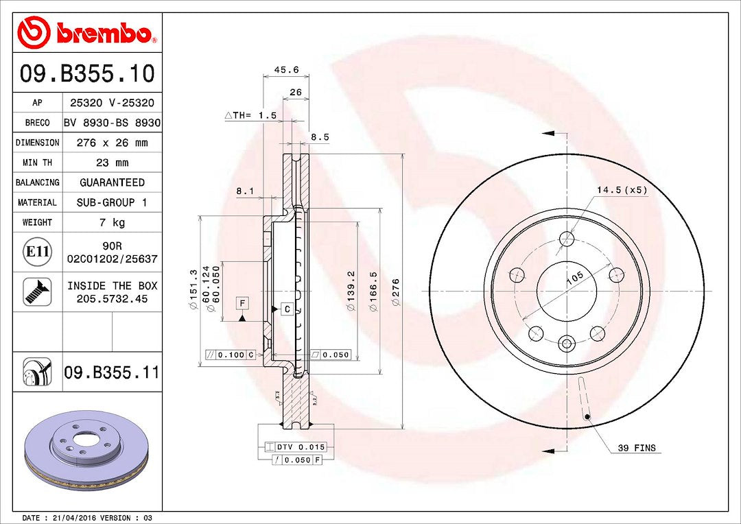 Product of Brembo 09B35511C02 Vented 1 Piece Brake Rotor 
