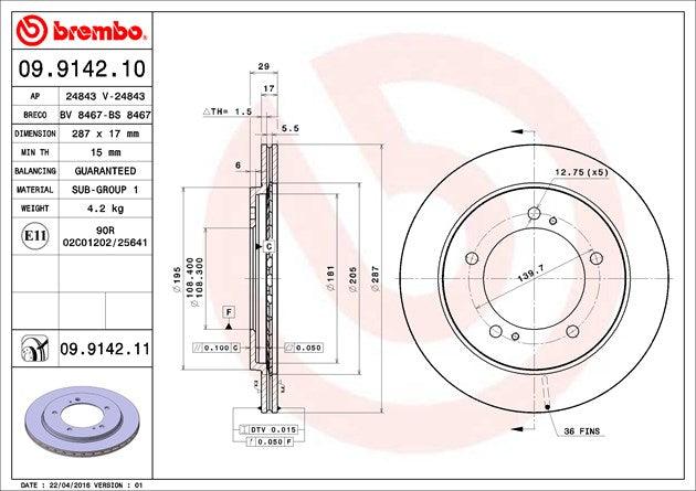Product of Brembo 09914211C02 Vented 1 Piece Brake Rotor 