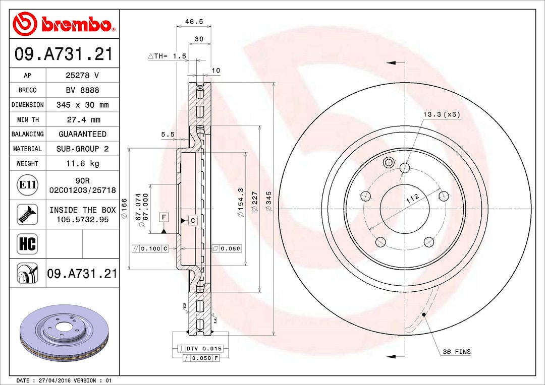 Product of Brembo 09A73121C02 Vented 1 Piece Brake Rotor 